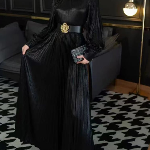 Solid Spliced Folds Temperament Dresses for Women Round Neck Long Sleeves Patchwork Belt Dress Female Clothing New